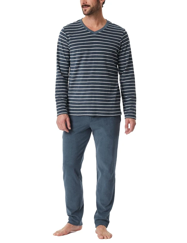 Schiesser Men's Schlafanzug lang - Casual Nightwear Pajama Set, jeansblau_181926,