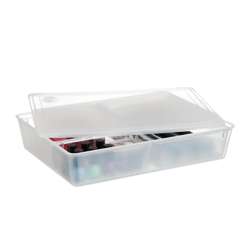 Relaxdays Storage Box with Lid, 3 Compartments, Office Organiser, Toiletries, Plastic, 7 x 32 x 24.5 cm, Transparent