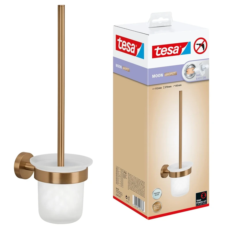 tesa Moon Set de Baño - Escobilla y Soporte Autoadhesivo de Metal Revestido de PVD, Cepillados en Bronce - Base en Vidrio Satinado - sin Taladrar, Incl. Solución Adhesiva - 379 mm x 112 mm x 145 mm