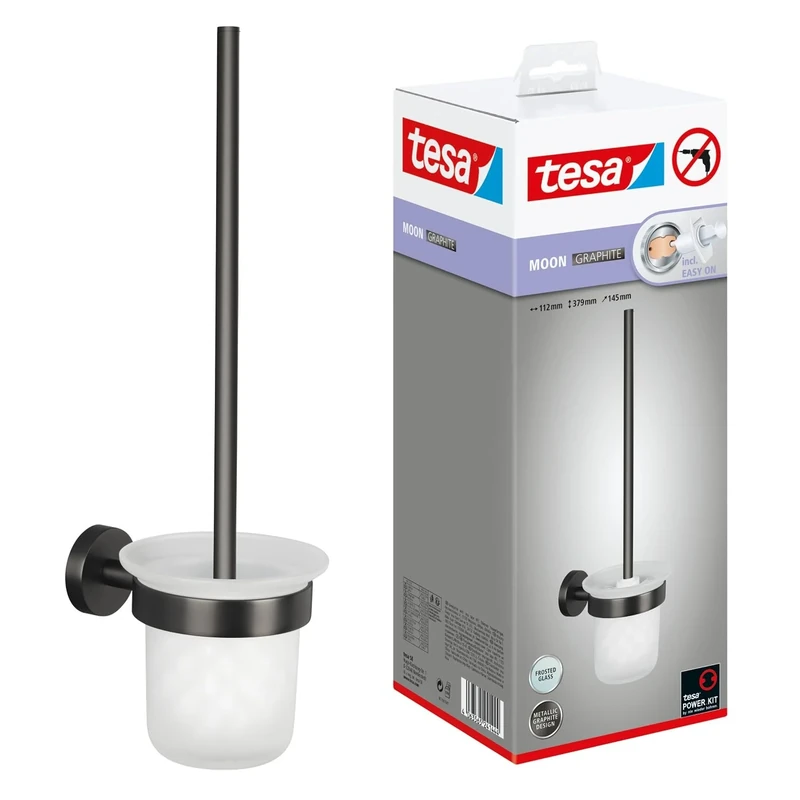 tesa MOON WC set with holder & toilet brush in brushed graphite, with satin glass - self-adhesive, made of PVD-coated metal - drill-free, incl. adhesive solution - 379 mm x 112 mm x 145 mm