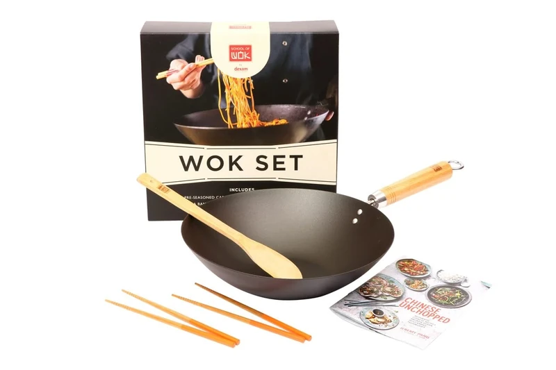 School of Wok - Gift Set, Pre-Seasoned 12"/30cm Wok, with Spatula, Chopsticks & Recipe Booklet, for All Hob Types