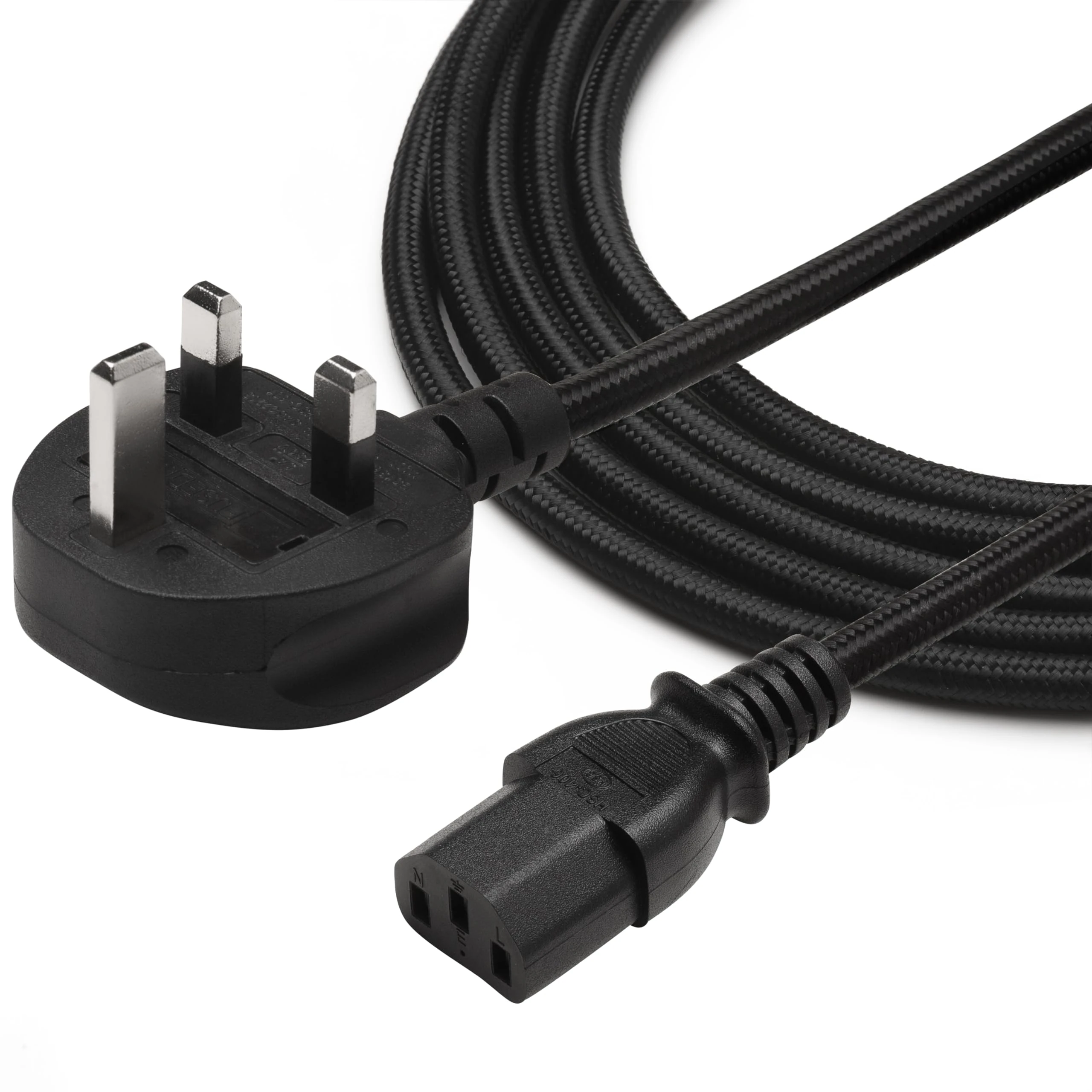 TRD UK Kettle Lead Power Lead 0.5M, 1M, 3M & 5M 3 pin power cable for TV, pc, monitor, plug, printers power cord (1M Braided)