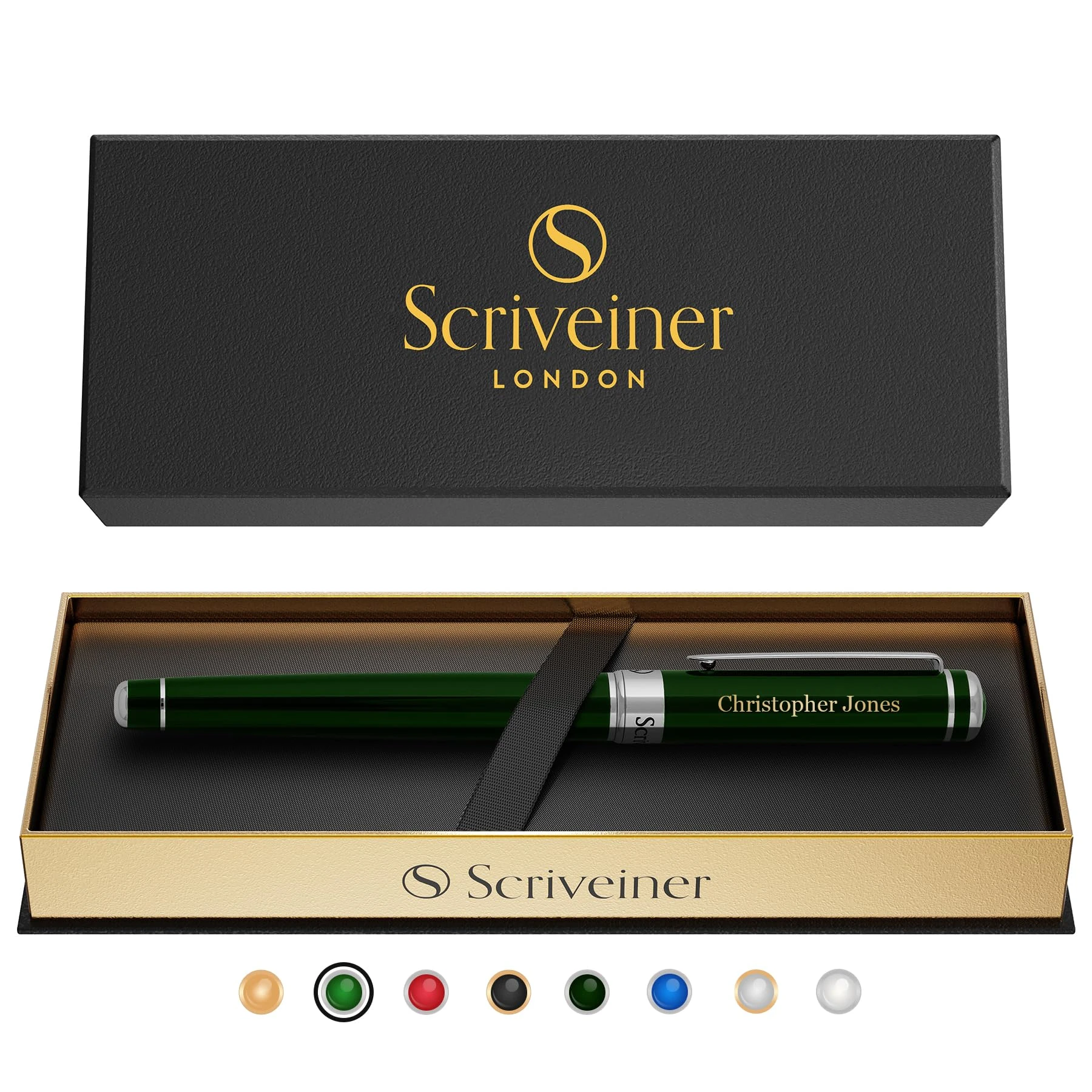 Scriveiner Personalised British Racing Green Pen - Stunning Green Lacquer Luxury Pen with Chrome Finish, Schmidt Ink Refill, Best Engraved Roller Ball Gift Set for Men & Women, Custom Name Engravingn