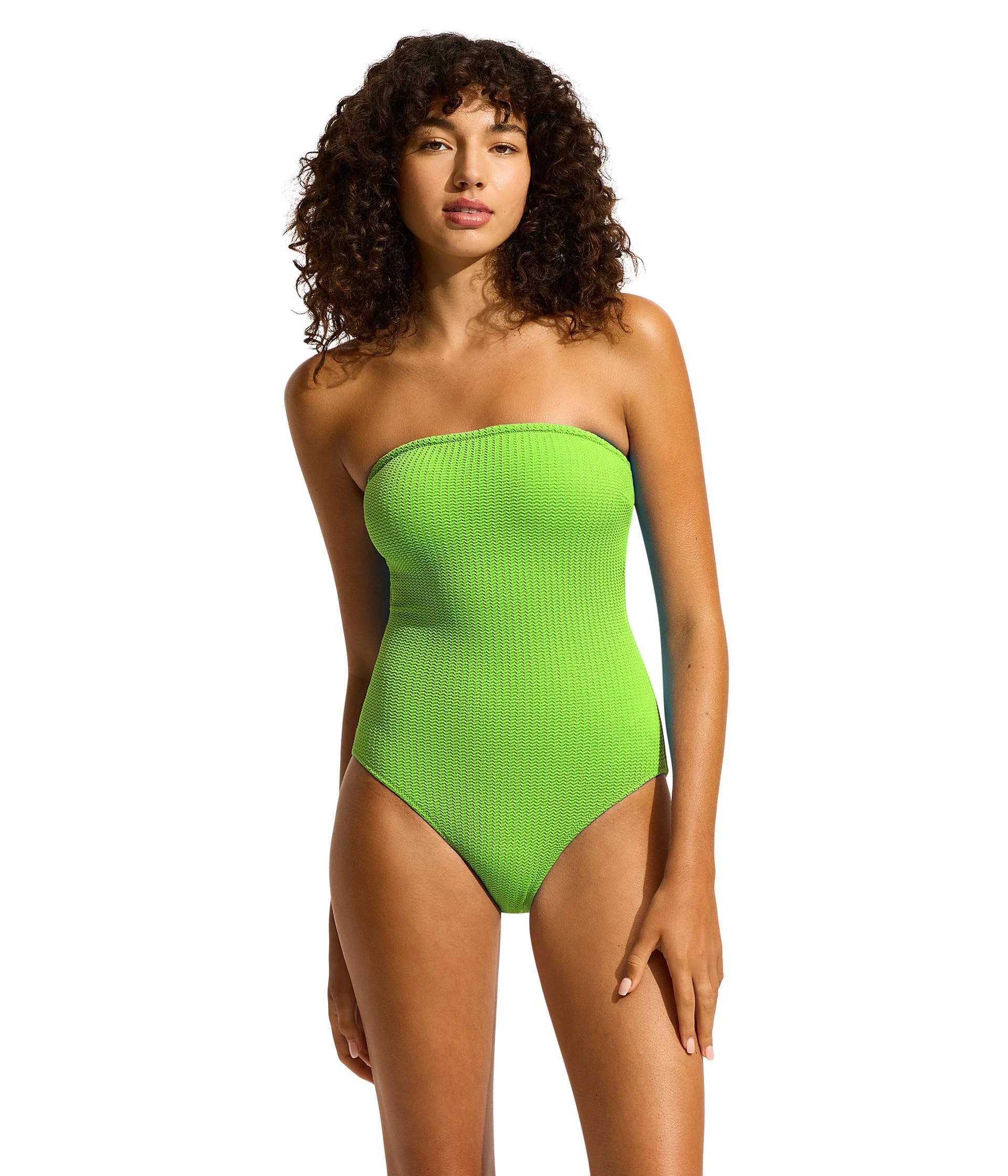 Seafolly Women's Bandeau One Piece Swimsuit with High Cut Leg, Sea Dive Jasmine Green, 12