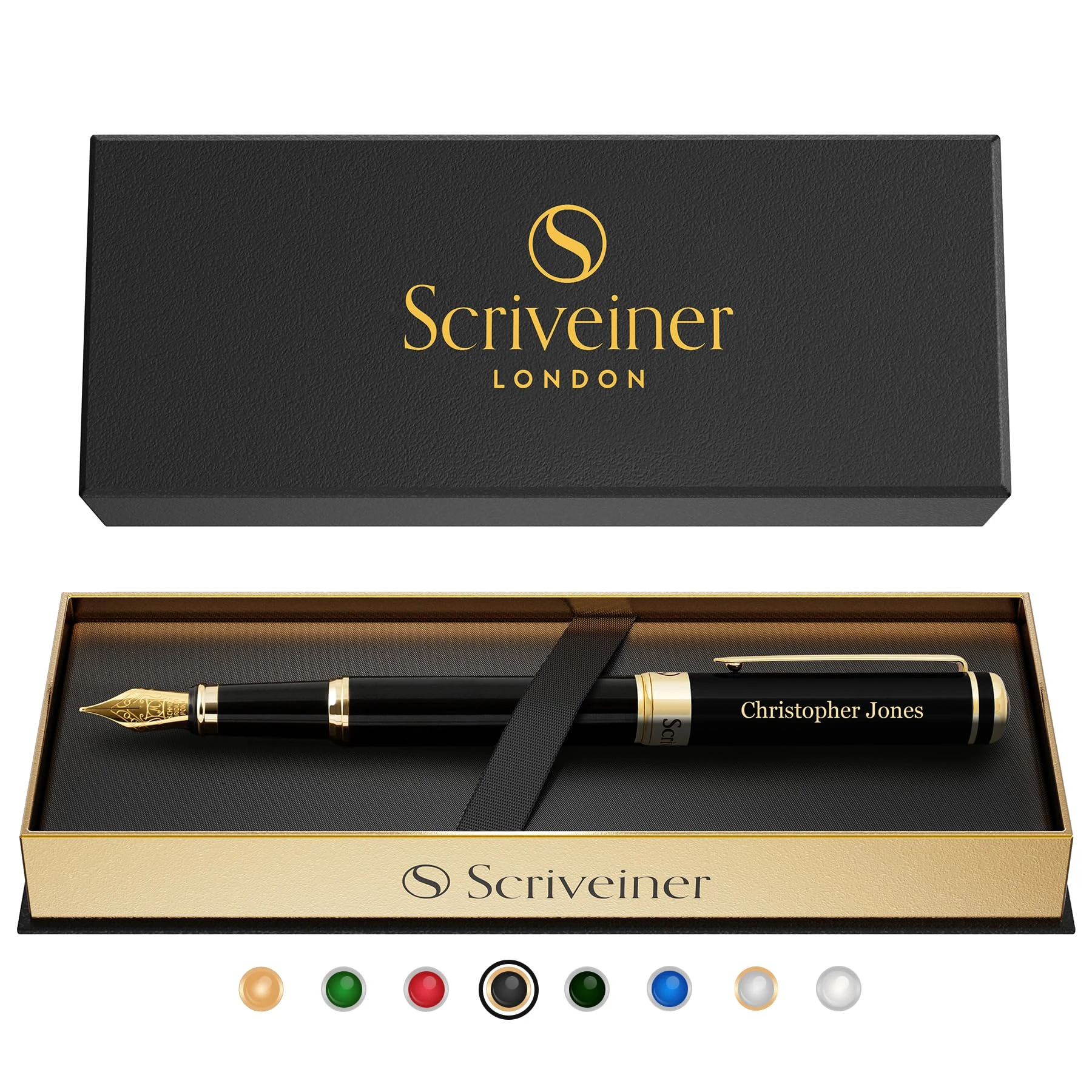 Personalised Scriveiner Black Fountain Pen - Stunning Luxury Pen, Jet Black Lacquer, Real Gold Plating, German Schmidt Nib (Medium), Best Engraved Fountain Pen Gift Set for Men & Women, Name Engraving