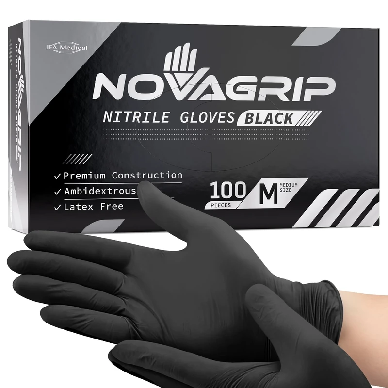 Novagrip JFA Medical Mechanic, Tattooist, Tattoo Disposable Powder Free Latex Free Black Nitrile Gloves - Box of 100 (Medium)