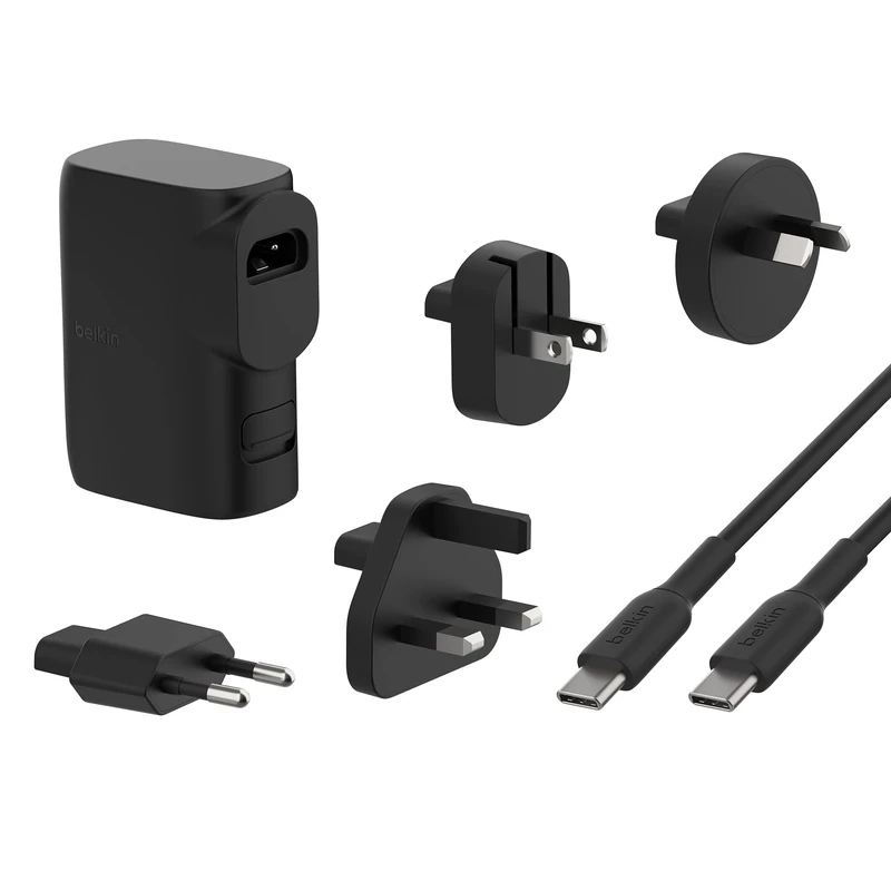 Belkin Portable Charger & Wall Charger 25W w/Travel Adapter Kit, USB-C & USB-A Ports + 3ft Type-C Cable - Black
