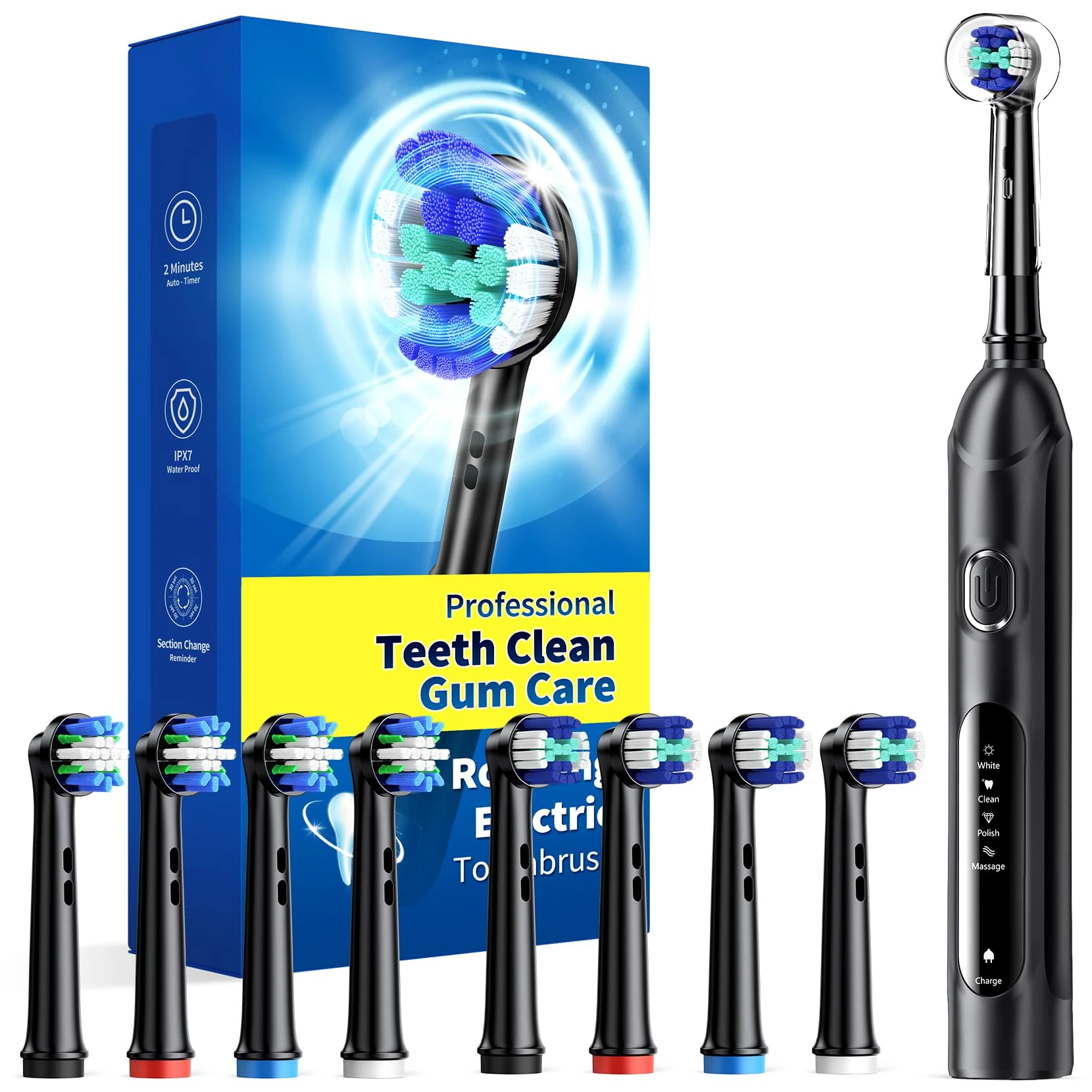 Rotating Electric Toothbrush Case for Adults, 4 Modes Deep Clean Electric Toothbrush with 8 Brush Heads (2 Types), 25-Days Rechargeable Power and 2 Min Smart Timer
