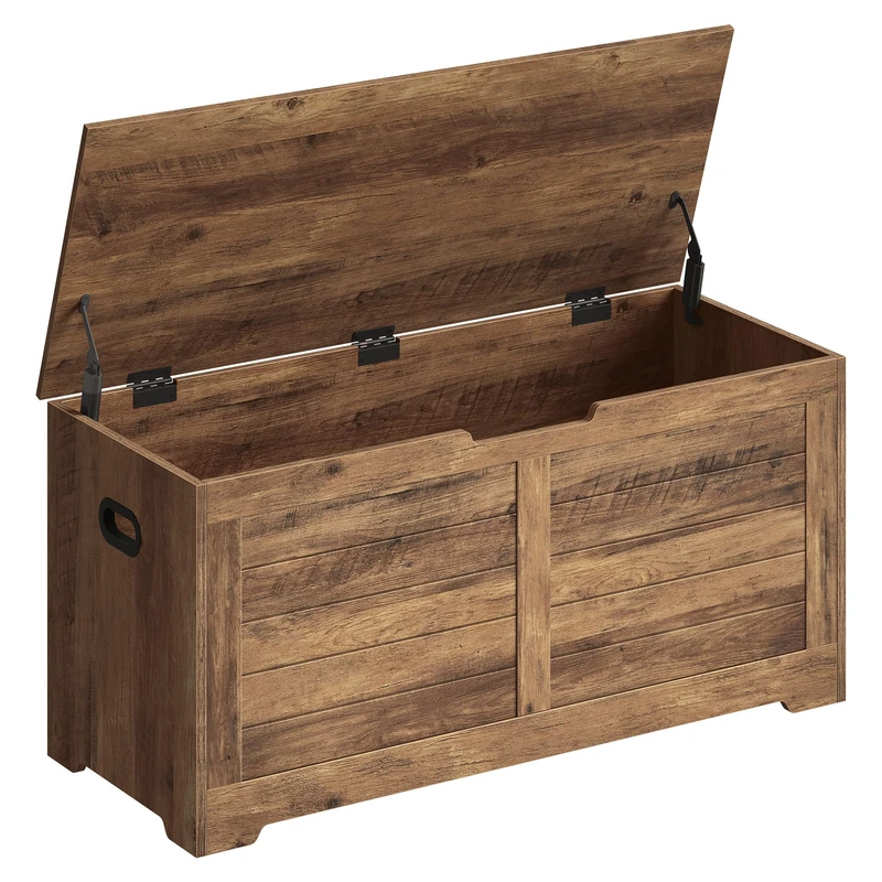 VASAGLE Chest, Bench, Blanket Box with 2 Safety Hinges, Shoe Bench, Farmhouse Style, for Hallway, Bedroom, Living Room, Honey Brown LSB061K01