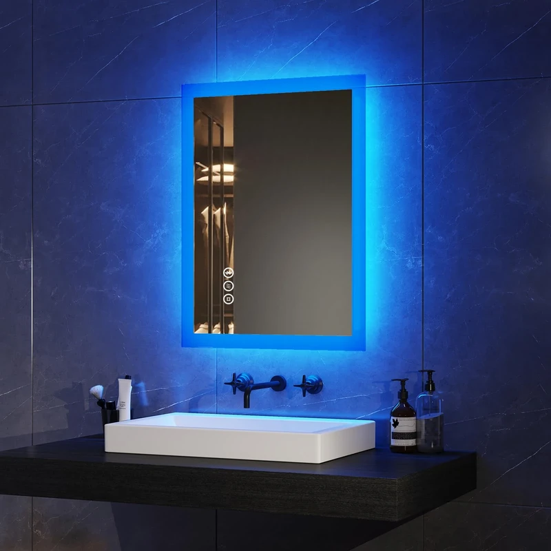 EMKE Bluetooth Bathroom Mirror with Shaver Socket, 450 x 600 mm Blue Atmosphere Illuminated Bathroom Mirror with 3 Color Tone, Dimmable, Memory Function, Demister Wall Mounted Bathroom Vanity Mirror