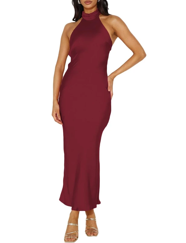 Phicia Sexy Satin Halter Neck Backless Maxi Dress for Women Elegant Tie Cowl Back Formal Wedding Guest Dress for Summer, Burgundy, XS