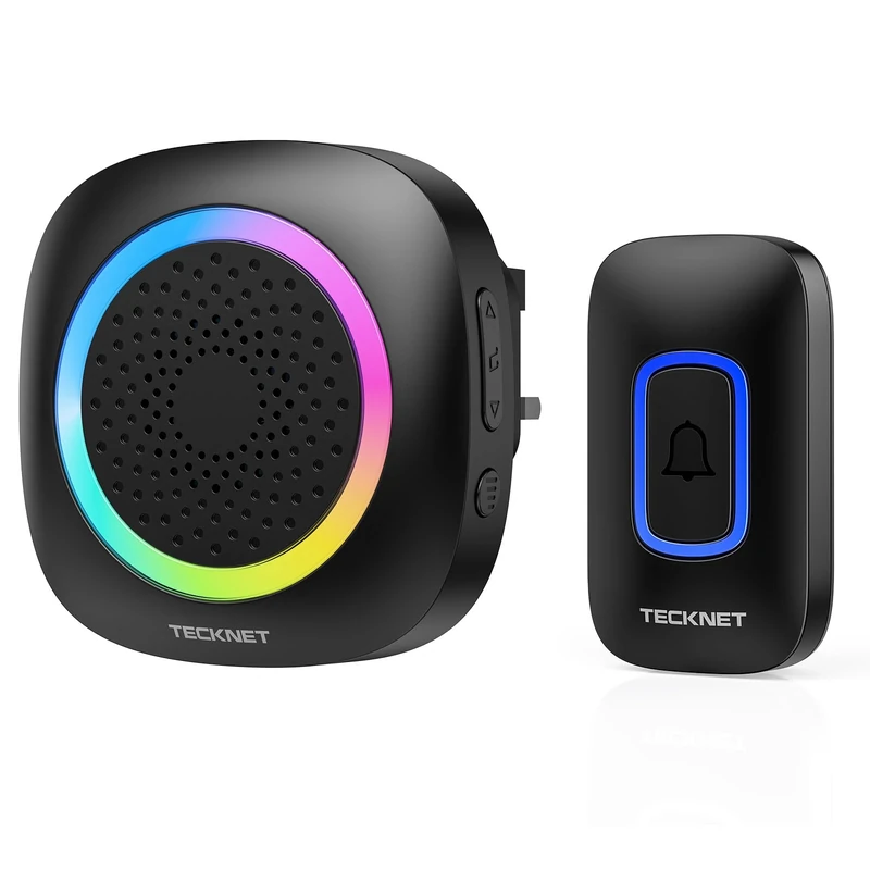 TECKNET Wireless Doorbell, IP66 Waterproof Plug in Doorbell with RGB Light, 400M/1,300 Feet Long Range Door Bells Wireless Cordless, Door Chime Kit with 60 Melodies & 5 Levels Volume (Black)