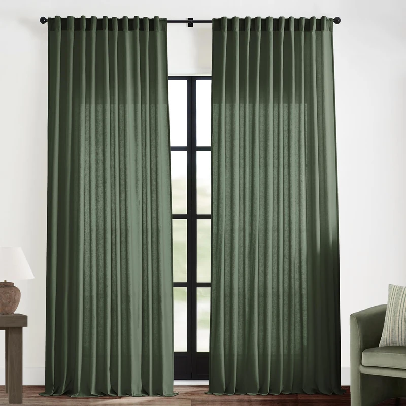 XTMYI 2 Panels Olive Green 108 Inch Length Back Tab/Hook Belt Linen Cotton Sheer Curtains for Bedroom 2 Panels,70 Inch Wide