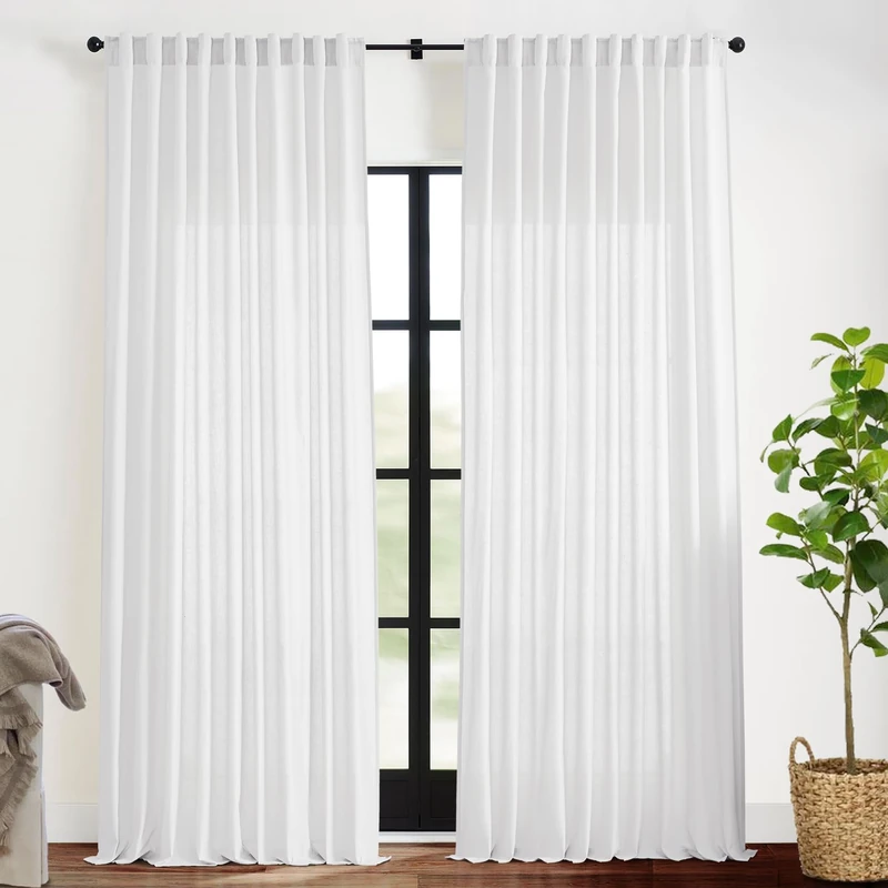 XTMYI 70 Inch Wide White Back Tab/Hook Belt Linen Cotton Sheer Curtains for Bedroom,2 Panels,96 Inch Length