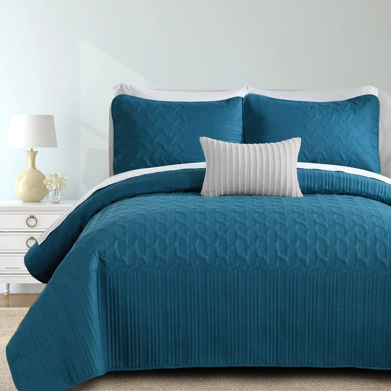 Teal Blue Quilt Set King Size Lightweight Bedspread Ultrasonic Wave Pattern Soft Microfiber Coverlet for All Season Modern Style 3 Piece Bed Cover Sets with 2 Pillow Shams (106"x96") - Image 1