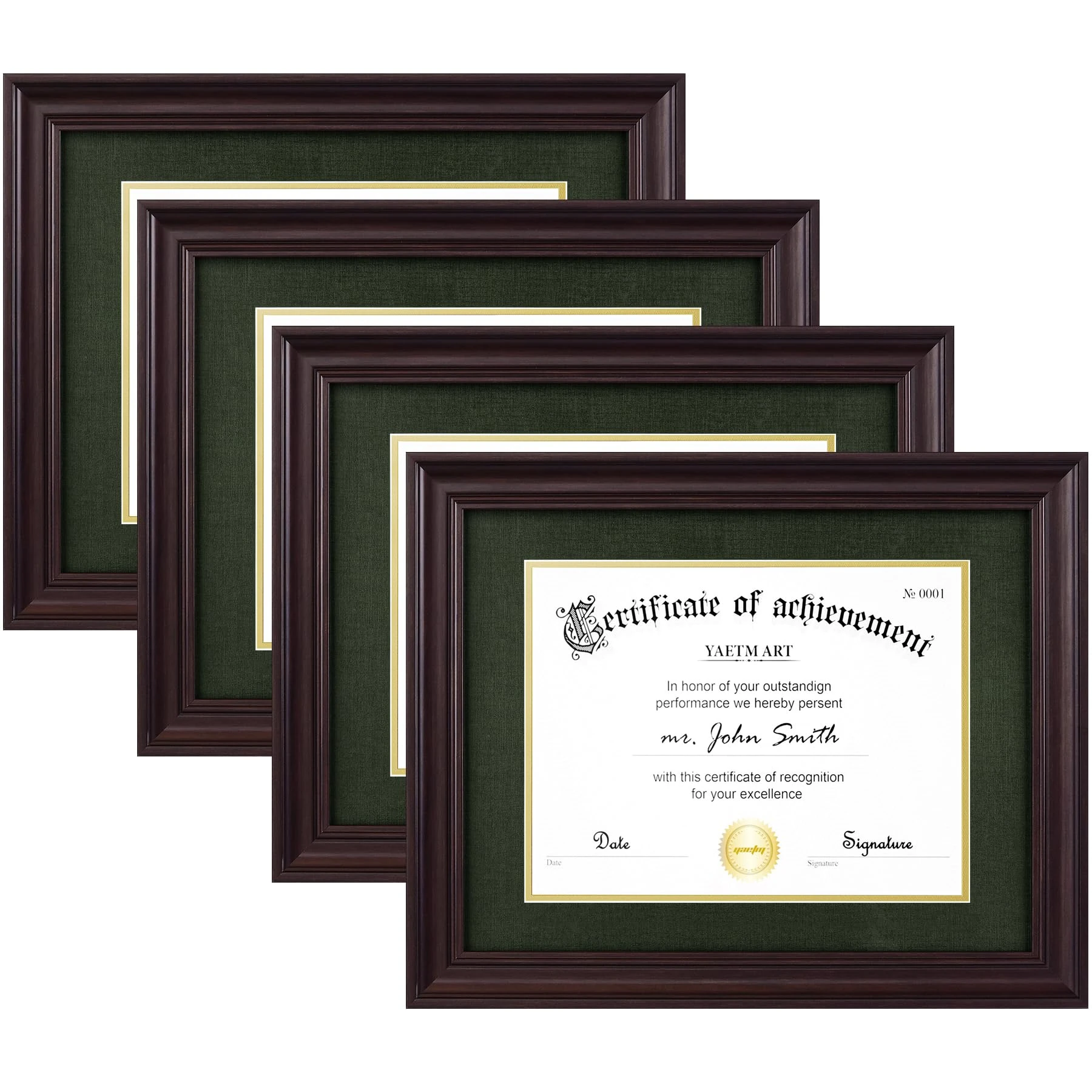 Yaetm 11x14 Diploma Frame, Certificate Frame with Tempered Glass, Display 8.5x11 Document with Dark Green Over Gold Acid-free Mat or 11 x 14 without Mat, Wide Molding (4 Pack, Brown/Green)