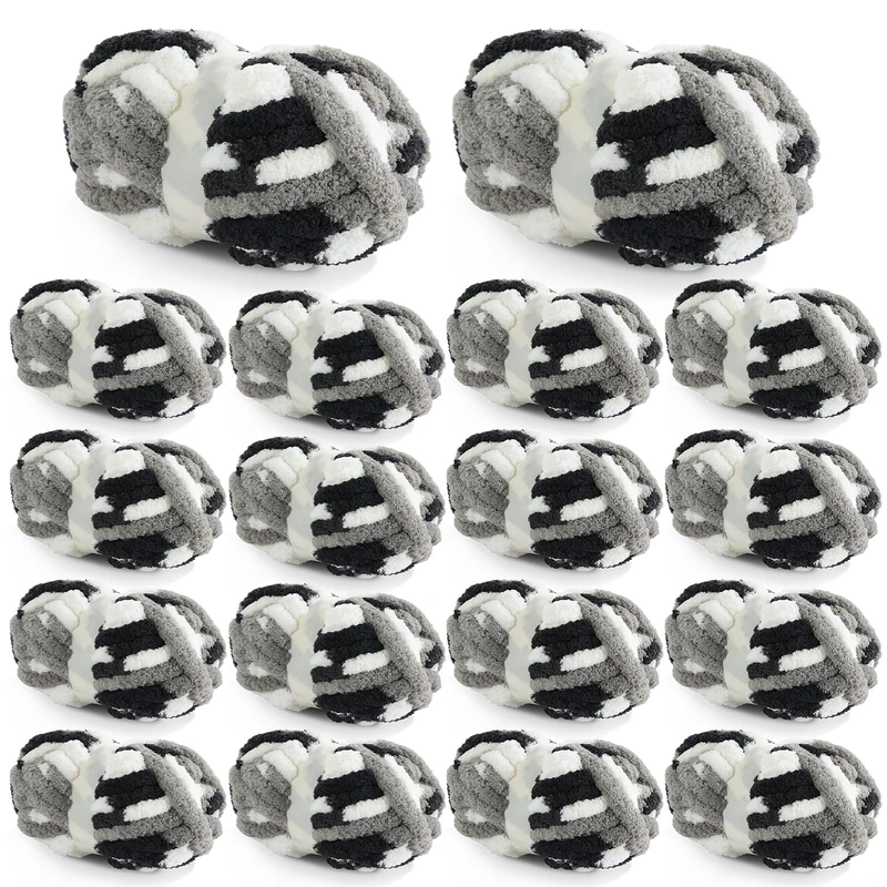 HOMBYS 18 Pack Giant Chunky Yarn for Crocheting,Super Bulky Large Soft Fluffy Yarn,Tie Dye Plush Fuzzy Yarn,Mixed Color Thick Chenille Yarn for Hand Knitting/Arm Knitting (Black, White, Grey)