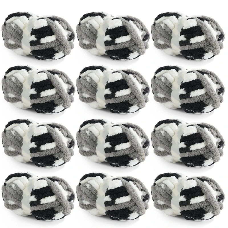 HOMBYS 12 Pack Giant Chunky Yarn for Crocheting & Knitting, Super Bulky Soft Fluffy Tie Dye Plush Fuzzy Mixed Color Thick Chenille Yarn (Black, White, Grey)