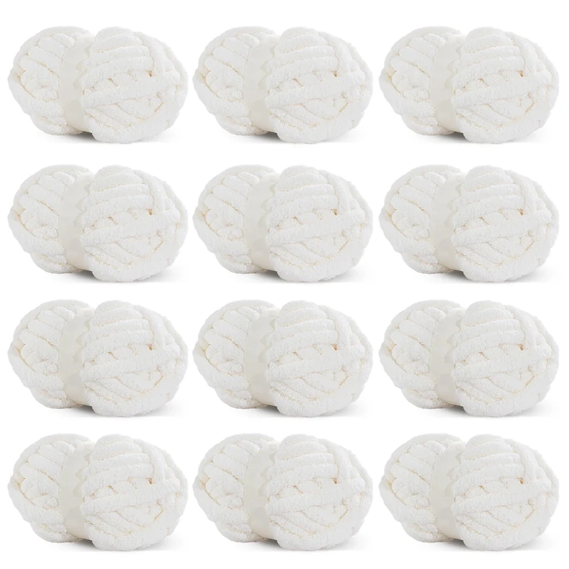 Hombys White Chunky Chenille Yarn for Crocheting & Knitting, Super Bulky, Soft Plush, 12 Jumbo Packs (27 yds, 8 oz Each)