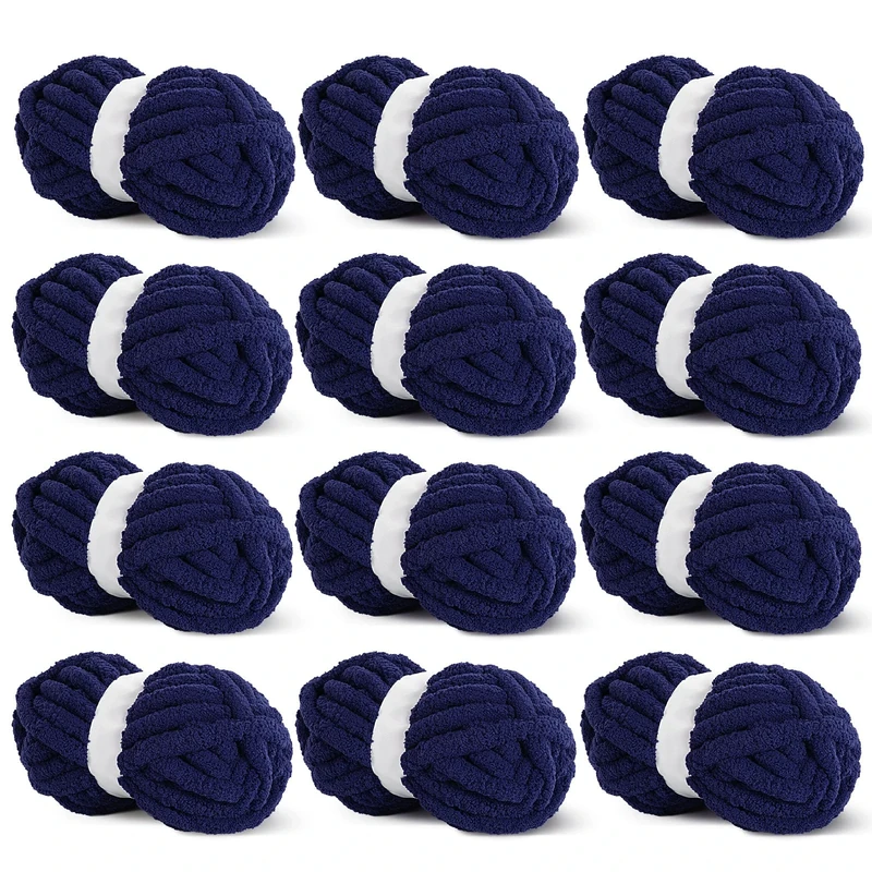 Hombys Navy Blue Chunky Chenille Yarn for Crocheting & Knitting, Super Bulky, Soft Plush, 12 Jumbo Packs (27yds, 8 oz Each)