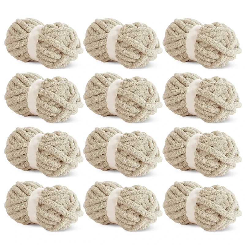 Hombys Khaki Chunky Chenille Yarn for Crocheting & Knitting, Super Bulky Yarn for Blankets, Soft Plush, 12 Jumbo Packs (27yds, 8 oz Each)