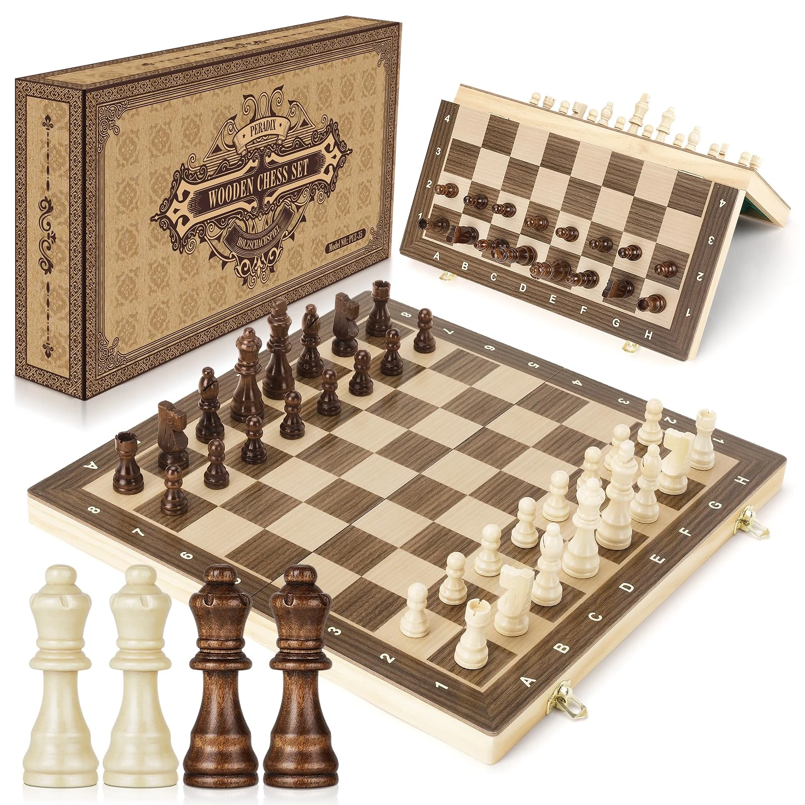 Peradix Chess Set | Wooden Magnetic Chess Board | 2 Extra Queen | 38x38cm Folding Chessboard for Storage | Toys & Games for Adults and Kids Educational Toy Sets