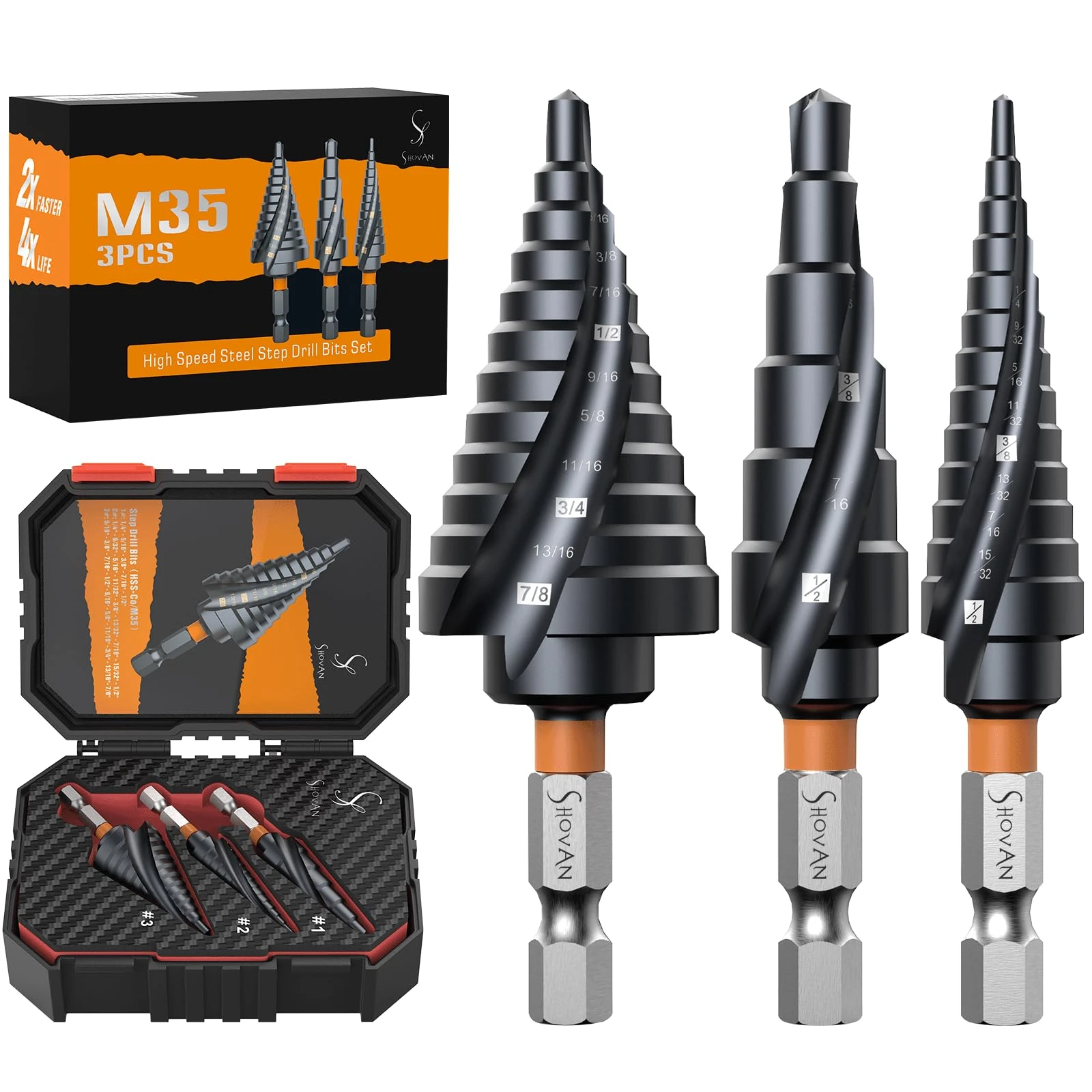 3PCS Premium HSS & Cobalt Spiral Step Drill Bit Sets (1/4"-7/8"), TiAlN Coated for Superior Durability, Cone Drill Bit for Sheet Metal, Stainless Steel, Aluminum, Wood, Plastic and DIY Projects