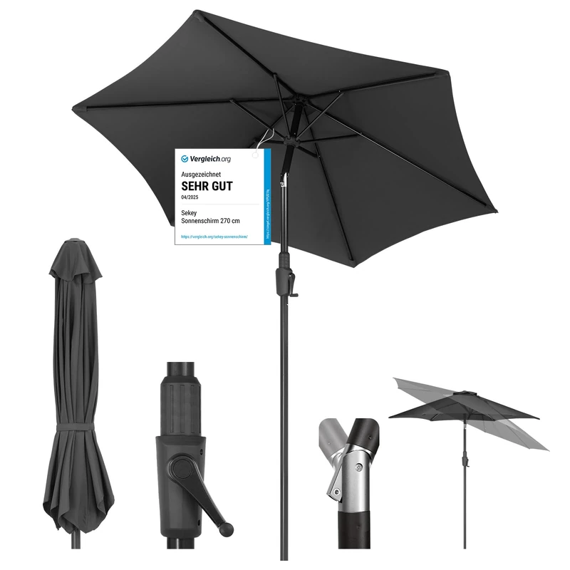 Sekey 220 cm Parasol with Crank and Auto Tilt, Market Umbrella for Patio, Balcony and Garden, Windproof, Stable UPF 50+