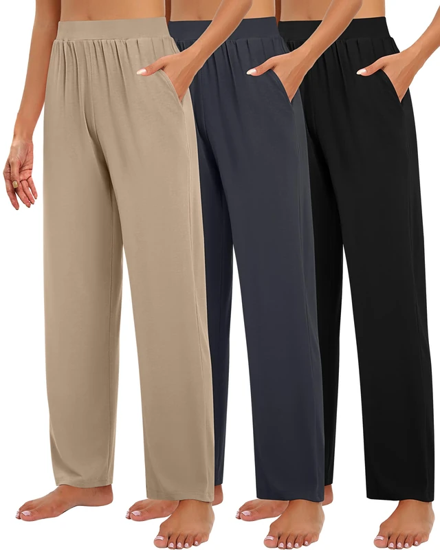 Huukeay 3 Pack Women's Lounge Pants, Cozy Wide Leg Lounge Slacks with Pockets Loose Flowy Yoga Sweatpant Workout Comfy Jogger, Black, Charcoal Gray, Khaki, Large
