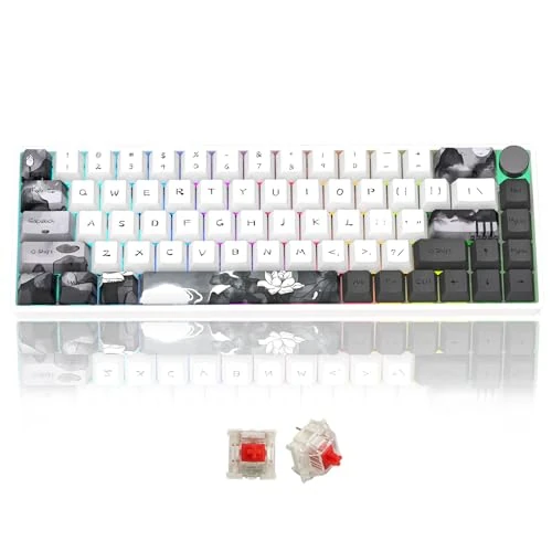 MOLGRIA GK68 68-Key RGB Backlit Gaming Keyboard with Ink Lotus Keycaps, Hot Swappable Red Mechinery Gateron Switches, Triple Mode Connection with Knob Mechanical Keyboard for Win/Mac OS