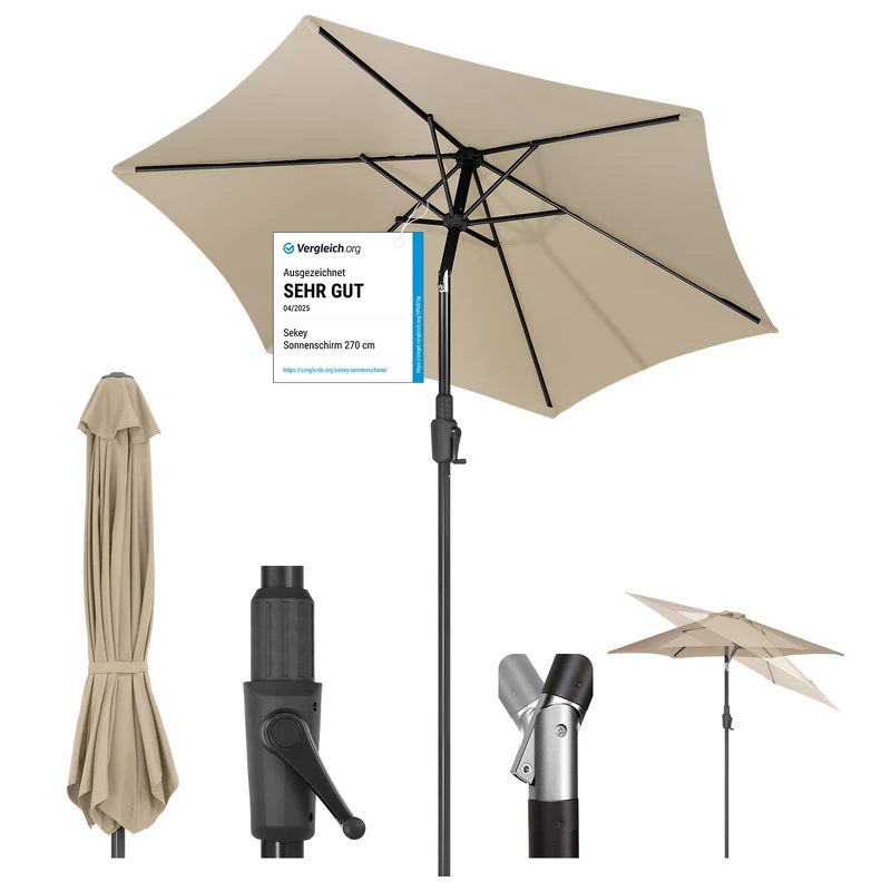 Sekey 220 cm Parasol with Crank and Auto Tilt, Market Umbrella for Patio, Balcony and Garden, Windproof, Stable UPF 50+