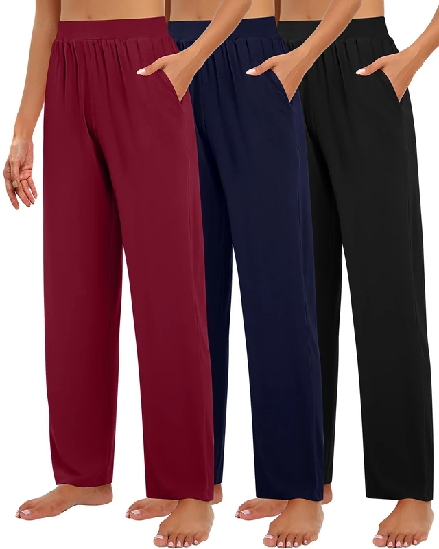 Huukeay 3 Pack Women's Lounge Pants, Cozy Wide Leg Lounge Slacks with Pockets Loose Flowy Yoga Sweatpant Workout Comfy Jogger, Black, Navy Blue, Wine Red, M