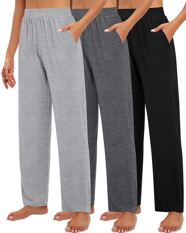 Huukeay 3 Pack Women's Lounge Pants, Cozy Wide Leg Lounge Pants with Pockets Loose Flowy Yoga Sweatpants Workout Comfy Jogger, Black, Dark Gray, Light Gray, S