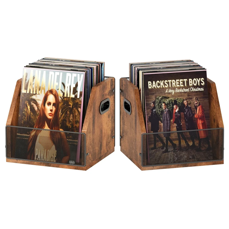 Homeiju 2 Pack Vinyl Storage, Record Crates, Metal & Wooden LP Crate