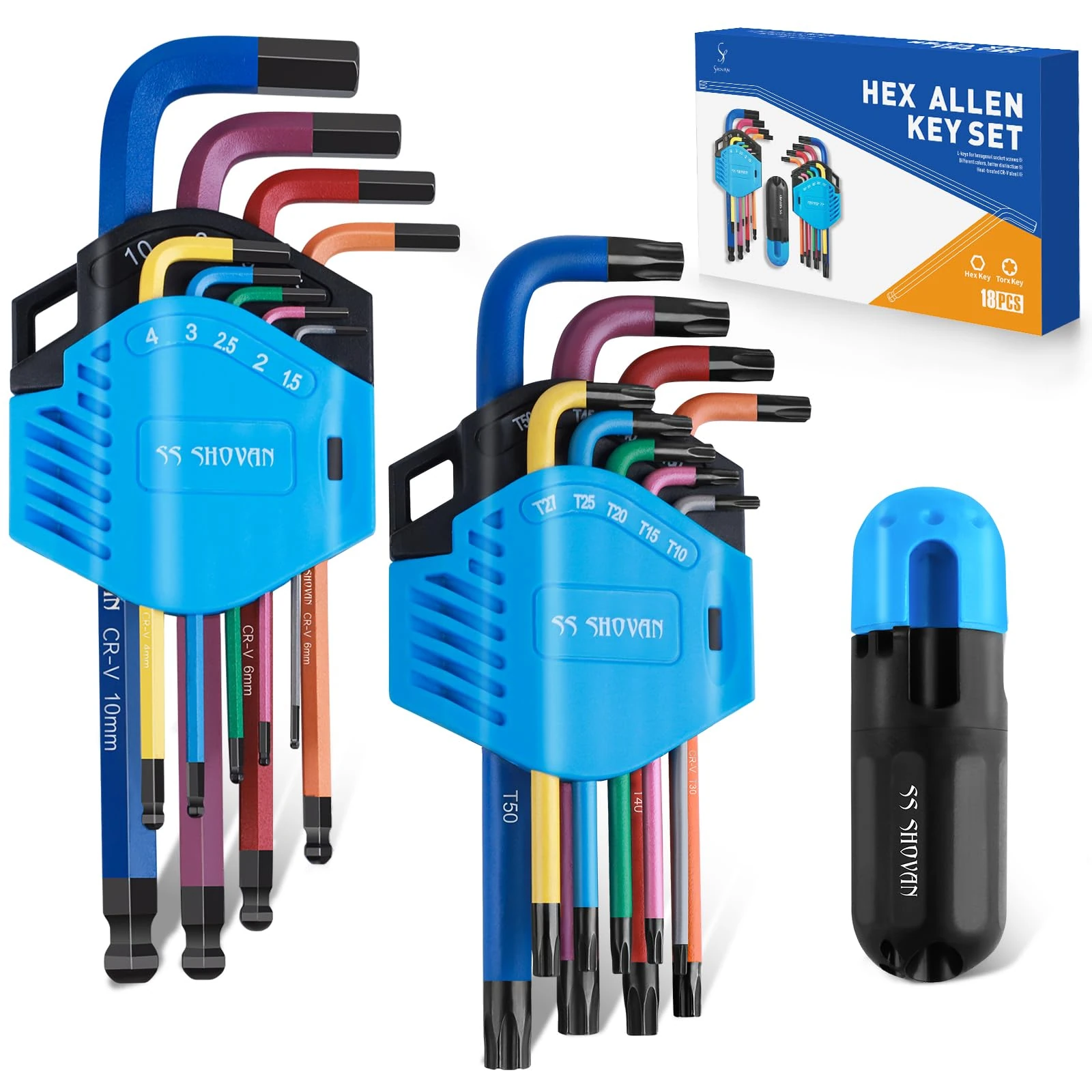 ss shovan 18PCS Allen Key Set, Metric Ball End Hex Key Set and Torx/Star Key Set (with T-Handle), Sizes 1.5mm-10mm & T10-T50, Alan Keys Sets for Furniture Assembly, Household DIY, Bike Repair
