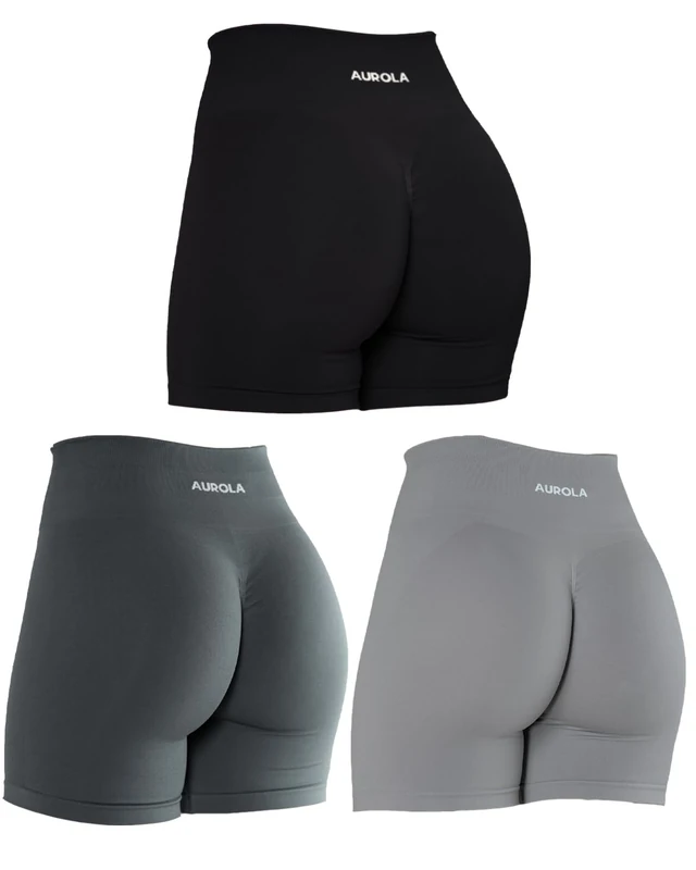 AUROLA Intensify Workout Shorts for Women Seamless Scrunch Short Gym Yoga Running Sport Active Exercise Fitness Shorts, Pack（Black/Steel Grey/Sliver Sconce）, L