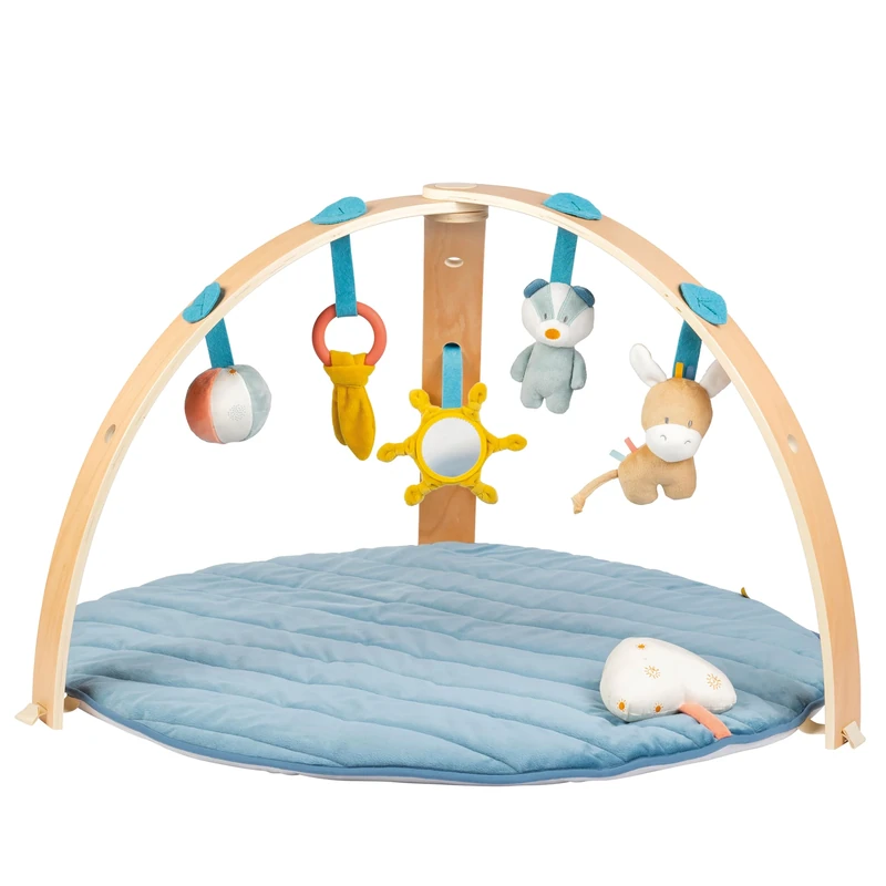Nattou Felix & Leo Baby Playmat with Wooden Arch – Soft Padded Activity Mat with Hanging Toys, Blue, Suitable for Babies and Infants, 0 months+