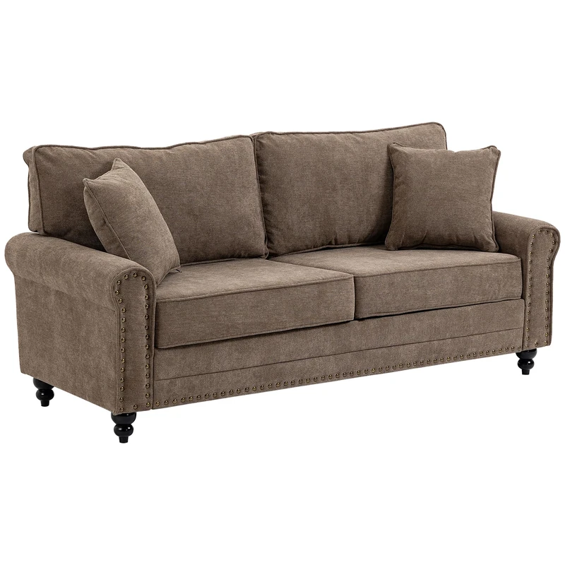 HOMCOM Fabric Sofa 3 Seater Sofa for Living Room w/Throw Pillow Brown - Image 1