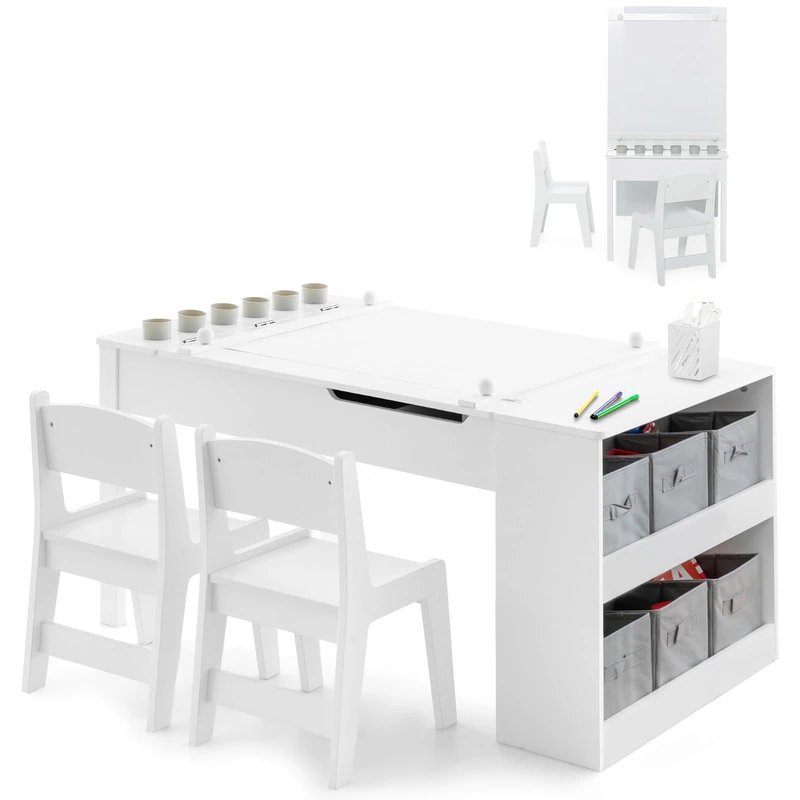 GYMAX 2 in 1 Kids Table and Chairs Set, Wooden Children Art Table with 2 Chairs, 6 Storage Boxes, Paper Roller & Shelves, Toddler Activity Table Set for Drawing (White, 6 Cups: 109 x 60 x 53cm)