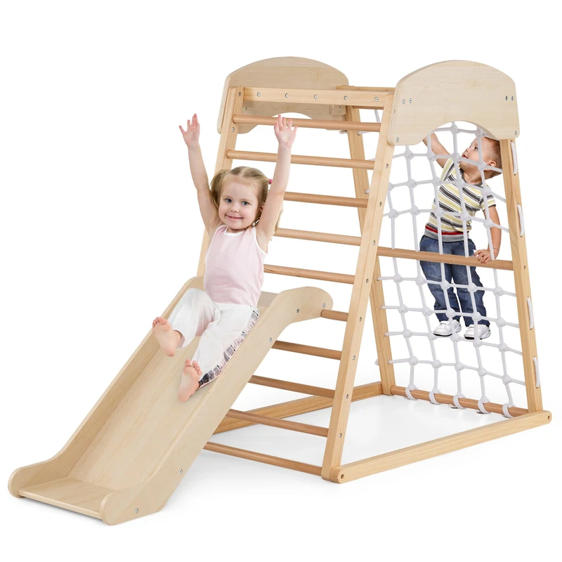 GYMAX 4 in 1 Kids Climbing Set, Wooden Toddler Climber with AdjustableSlide, Climbing Net & Monkey Bars, Children Playground for 1 Year Old + (Natural)