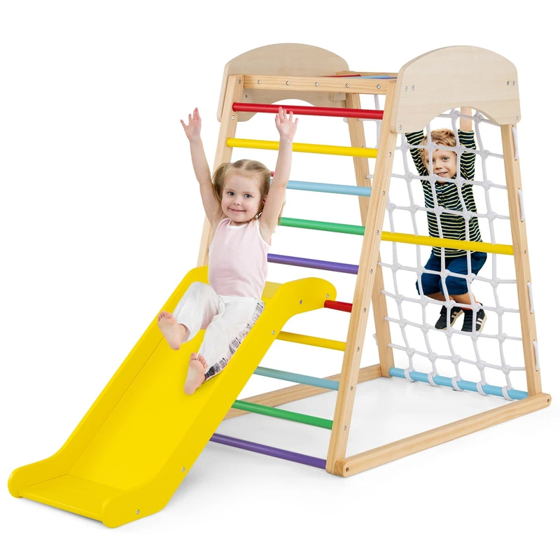GYMAX 4 in 1 Kids Climbing Set, Wooden Toddler Climber with AdjustableSlide, Climbing Net & Monkey Bars, Children Playground for 1 Year Old + (Colorful)