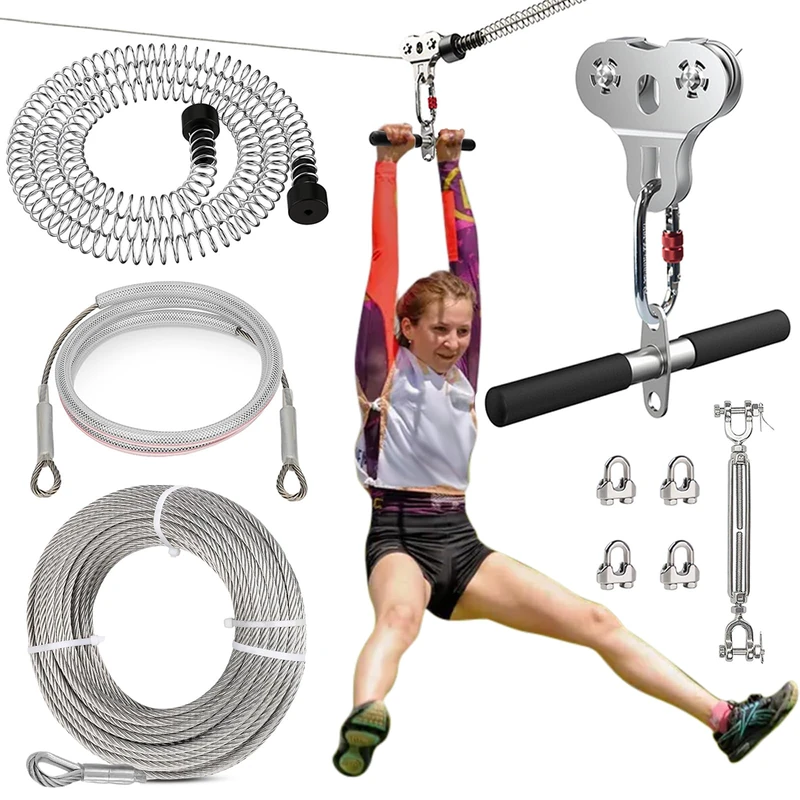 Fologtoo Zip Lines for Kids and Adults Outdoor Up to 500 Lbs, 304 Stainless Steel 80FT Zipline Kits for Backyard with Thickened 1/4" Wire Rope, Removable Pulley, Outdoor Playground Equipment