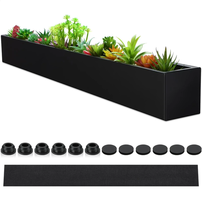FillTouch Rectangular Metal Planter Box with Drainage Holes - Large Modern Steel Indoor Herb Garden Planter (Black, 32 x 3.5 x 3.5 Inch)