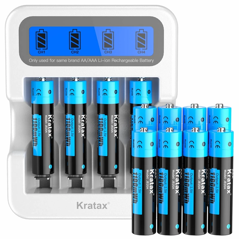 Kratax 1.5V Lithium AAA Battery - 1100 mWh (1.5V/733 mAh) High Capacity, Long Service Life - 12 Pack with LCD Display Charger
