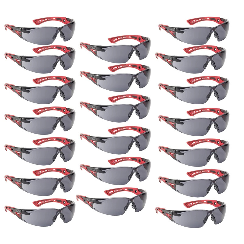 Bolle Rush+ Go Green Platinum Safety Workwear Glasses Anti Fog/Anti Scratch Coating Goggles Personal Protective Equipment Eye Protection Eco Packaging – Pack of 20 Glasses – Smoke/Red