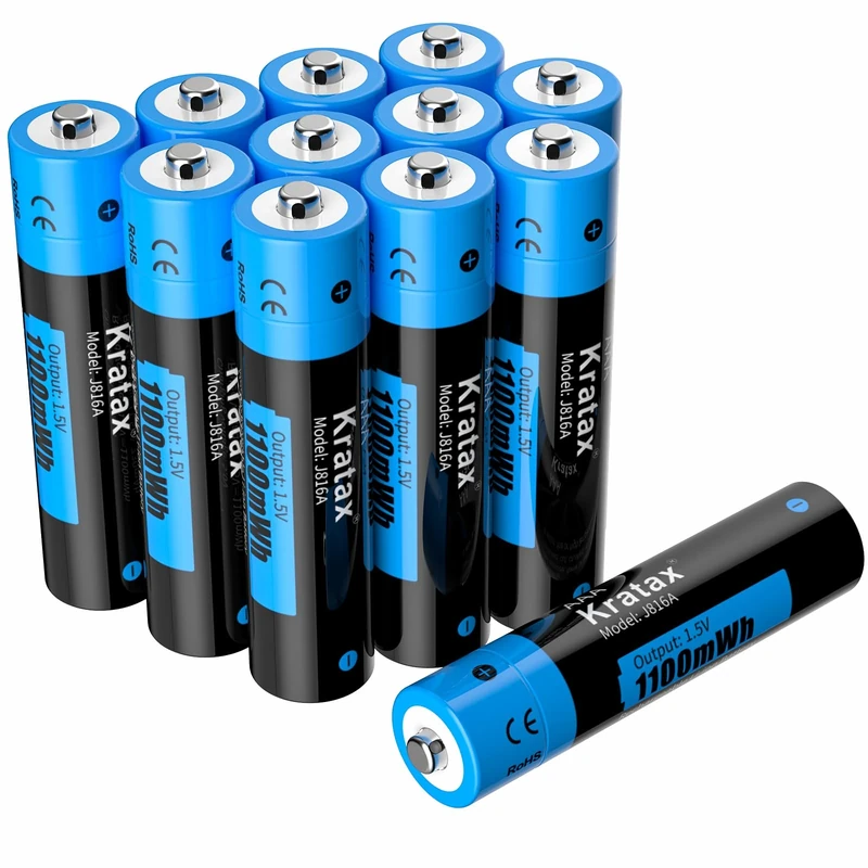 Kratax Lithium 1.5 V AAA Battery, Rechargeable AAA Lithium Battery, 1100 mWh (1.5 V/733 mAh), High Capacity, Constant Performance, Long Service Life, 12 Pieces AAA Batteries