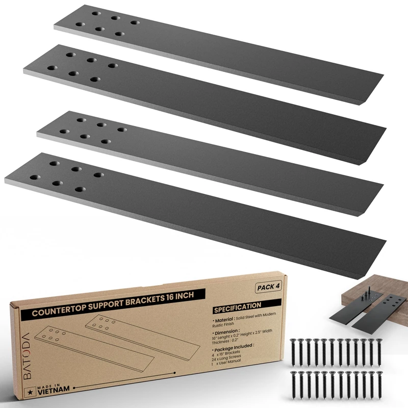 BATODA 16" Countertop Support Brackets (4 pcs) for Granite - Heavy Duty L Shelf Bracket - Wall Mounted Support for DIY Open Shelving – Blind Shelf Support - Shelving Mounting Hardware Included
