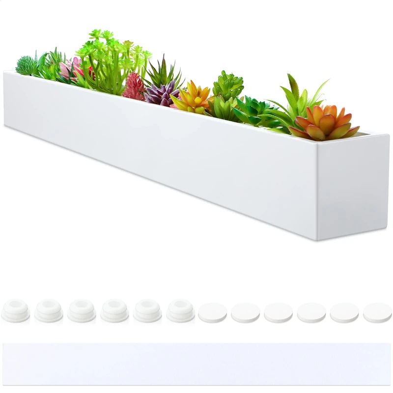 FillTouch Metal Rectangular Planter Box for Window Sill - Indoor/Outdoor, Large Modern Steel Planter with Drainage Holes - White, 32 x 3.5 x 3.5 Inch
