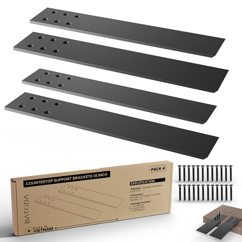 BATODA 14" Countertop Support Brackets (4 pcs) for Granite - Heavy Duty L Shelf Bracket - Wall Mounted Support for DIY Open Shelving – Blind Shelf Support - Shelving Mounting Hardware Included