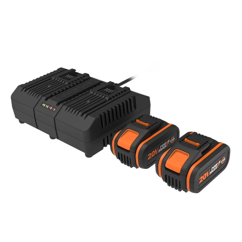 WORX Pack of 2 Batteries and Dual Charger 20V 4Ah WA3611, High Performance Batteries with Charge Level Indicator, Fast Charging, Compatible with All WORX PoweShare Tools
